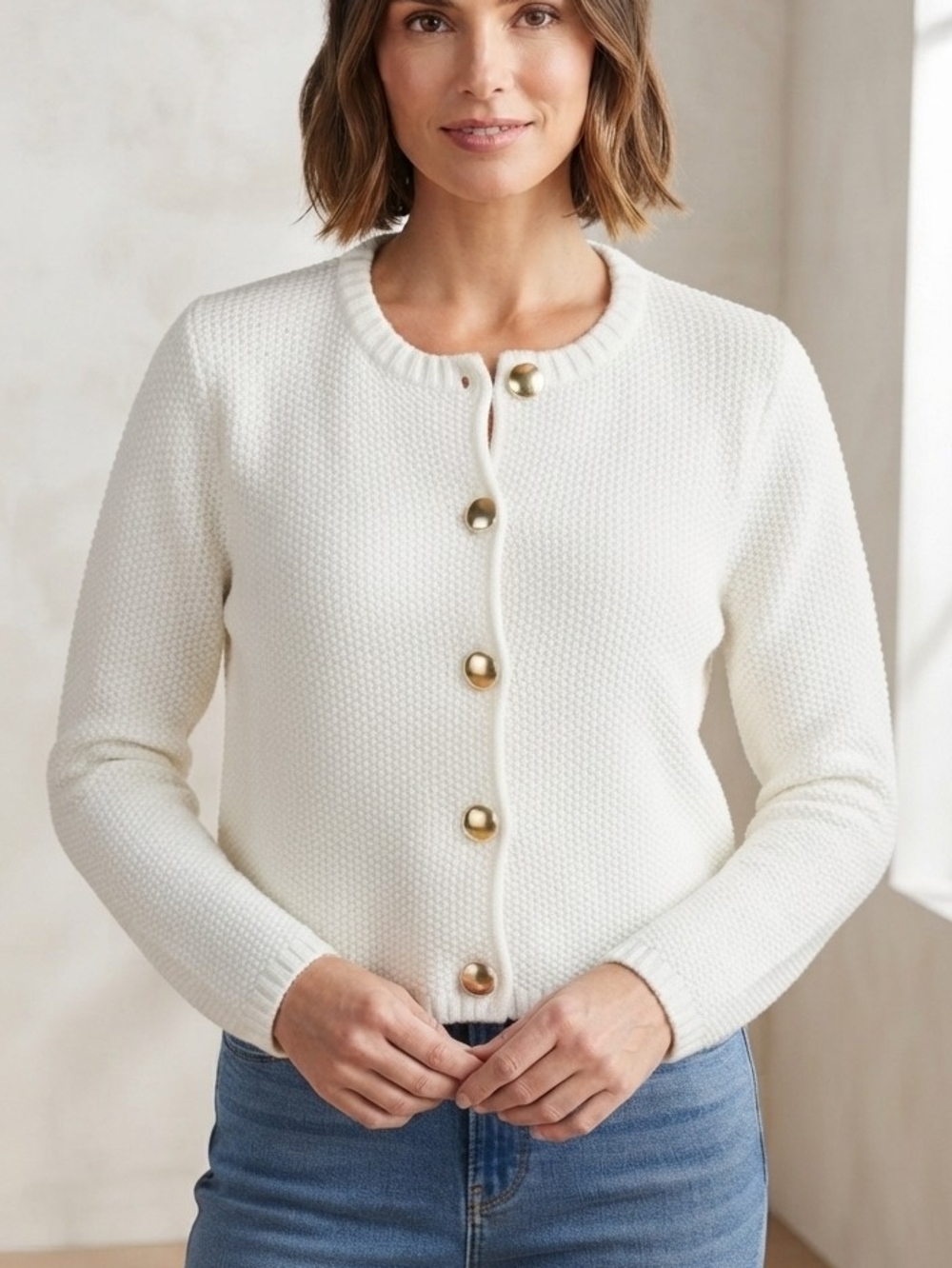 Splendid Cream Textured Knit Cardigan with Gold Buttons